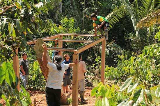 Building frame for solar panels at Tiinkias Ecolodge in Ecuador's Amazon rainforest
