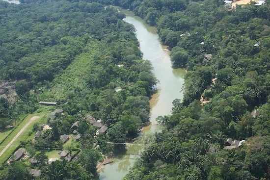 Sarayaku aerial Aerial view of the community of Sarayaku in the Amazon rainforest