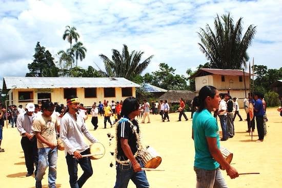Drum circle in Sarayaku community in Ecuador's Amazon rainforest