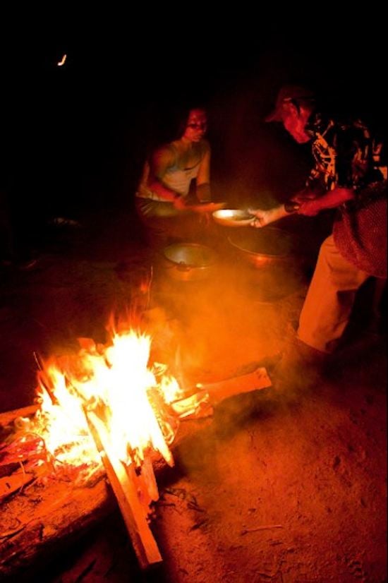 Fire at an early morning guayusa ceremony in the Amazon rainforest community of Sarayaku