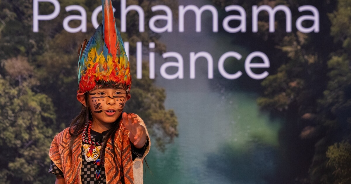  Tsamaraw Ushigua, a nine-year old boy from Sápara Nation, asks the audience a question, "What are you going to do to protect the Amazon?"